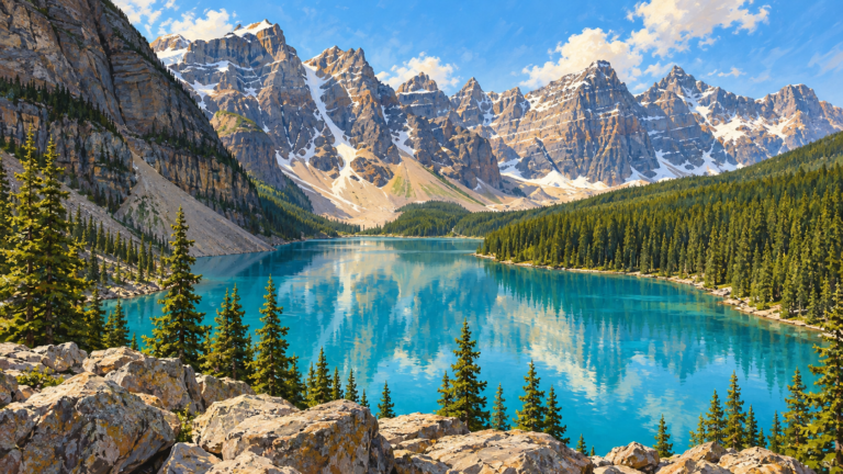 Ilustração de IA de Moraine Lake e do Valley of the Ten Peaks no Parque Nacional Banff.