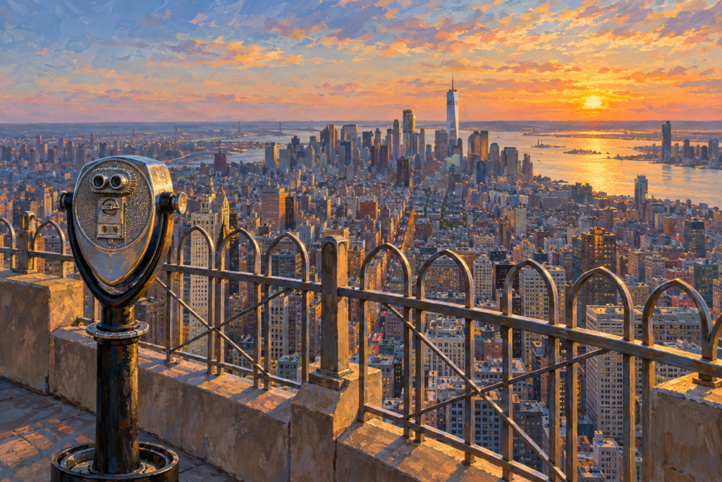 Ilustração de IA do terraço do 86º andar do Empire State, com grade e vista de Manhattan.