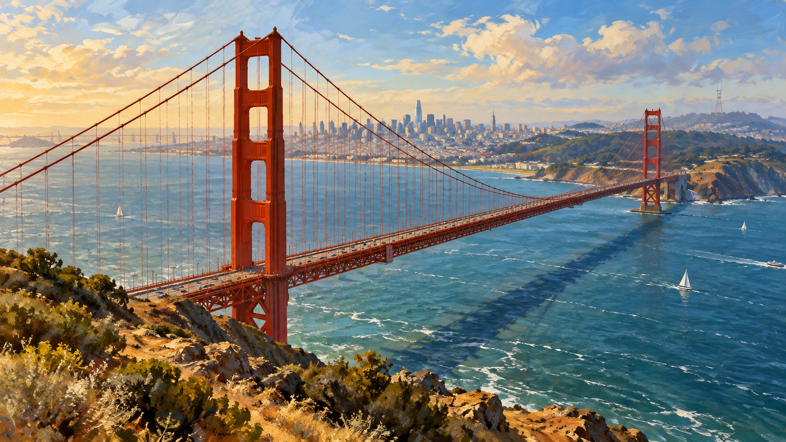 Ilustração de IA da Golden Gate Bridge vista de Marin, com suas torres laranja e a baía.