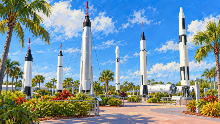 Ilustração de IA do Rocket Garden no Kennedy Space Center Visitor Complex, na Flórida.