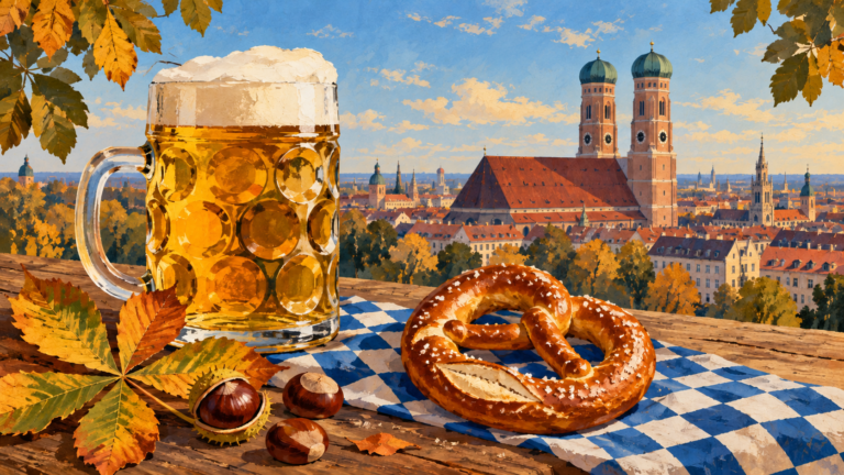Ilustração de IA com caneco, pretzel e representação das torres da Frauenkirche em Munique