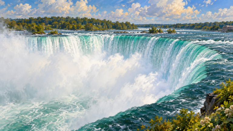 Ilustração de IA das Horseshoe Falls vistas do lado canadense das Cataratas do Niágara.