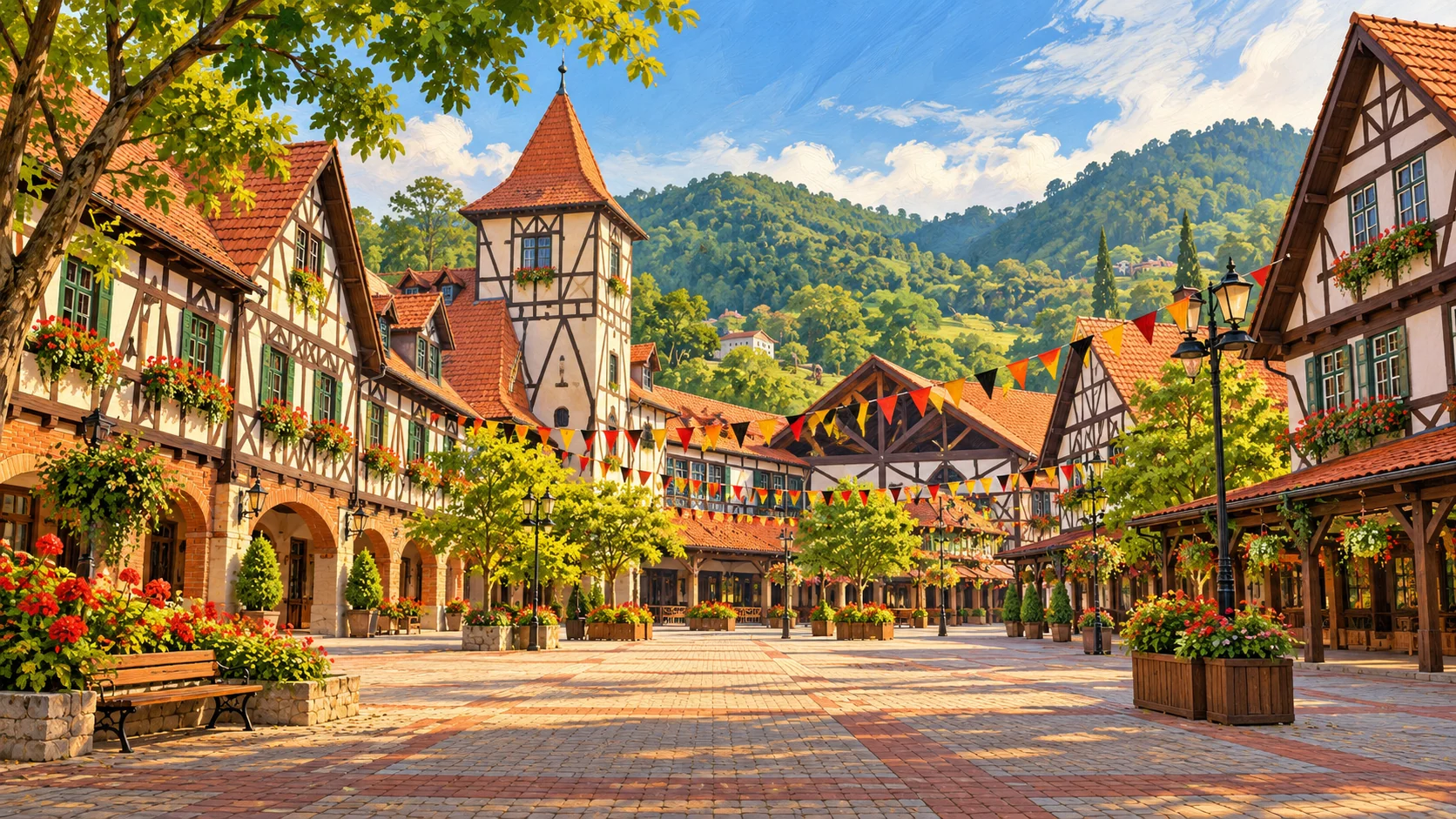 Composição ilustrativa de arquitetura enxaimel e ambiente festivo em Blumenau; ilustração de IA.