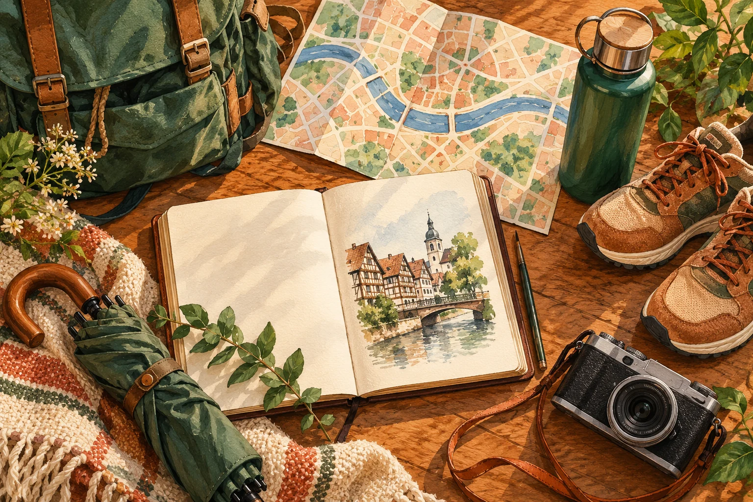 Composição ilustrativa sobre planejamento da viagem a Blumenau; ilustração de IA.