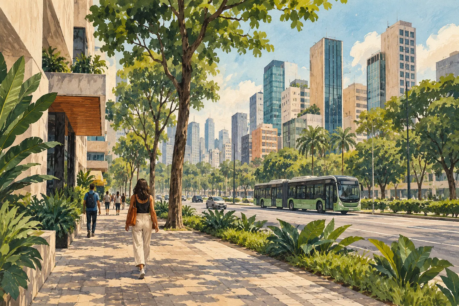 Cenário urbano genérico sobre mobilidade; ilustração conceitual de IA, não representa uma rua ou frota real.