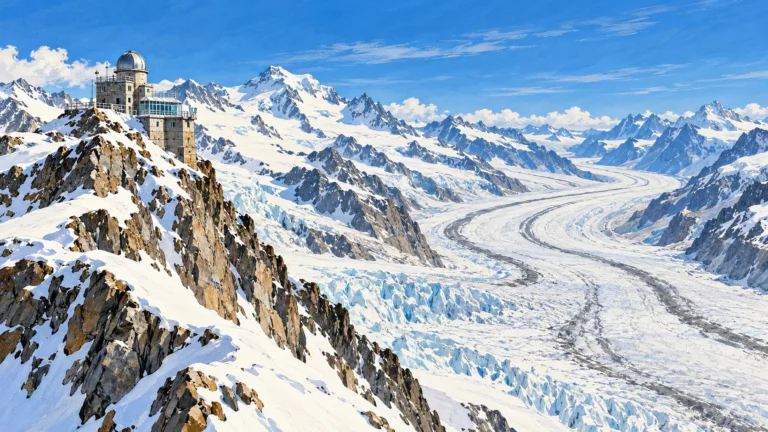 Ilustração do mirante Sphinx com paisagem glacial inspirada no Jungfraujoch