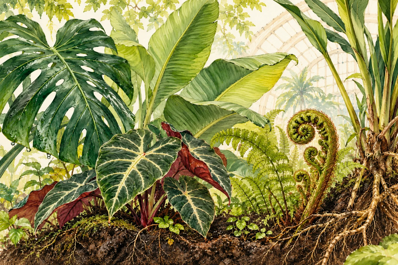 Ilustração conceitual de folhas, samambaias e raízes