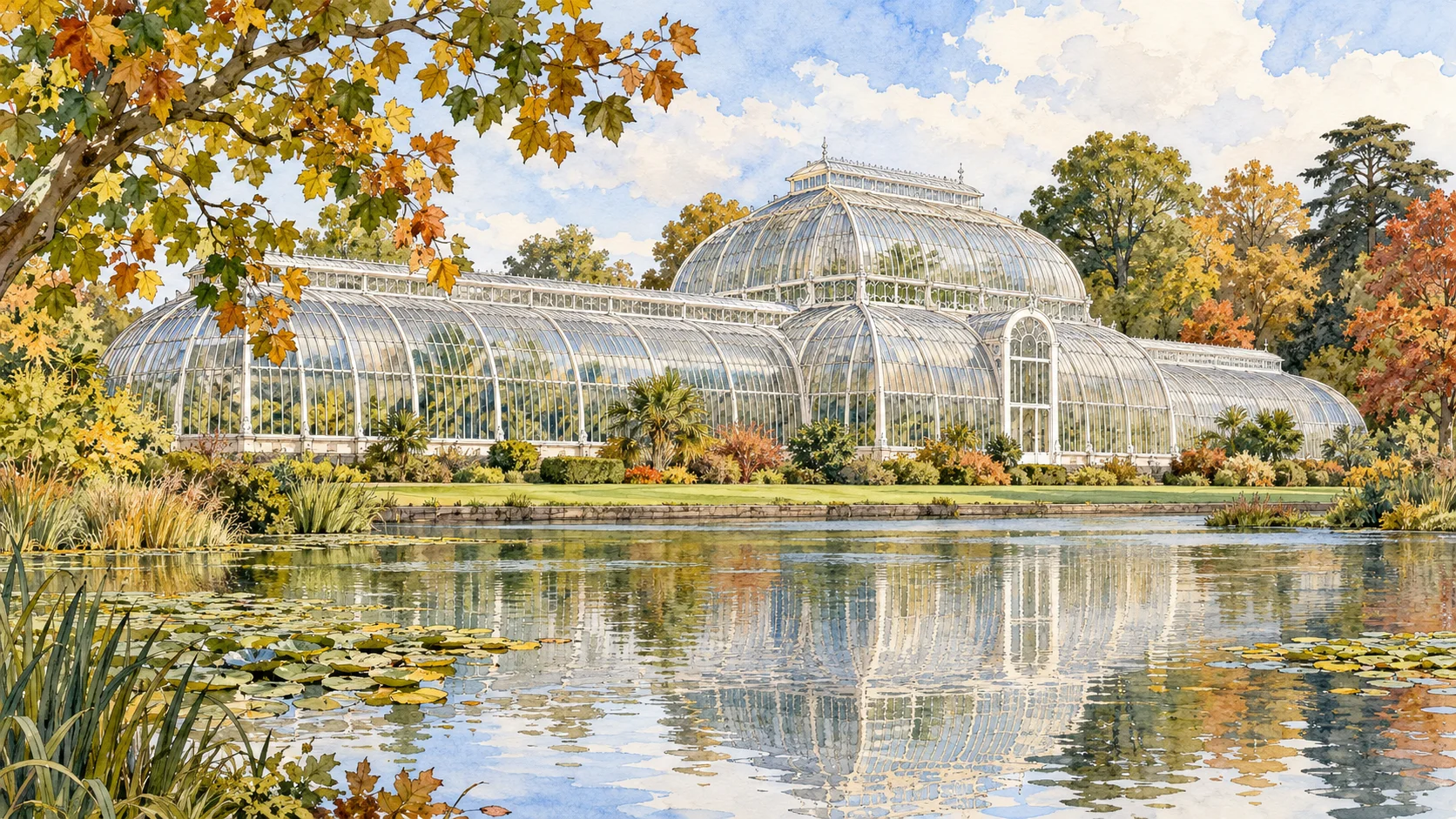 Ilustração da Palm House diante de um lago nos Kew Gardens