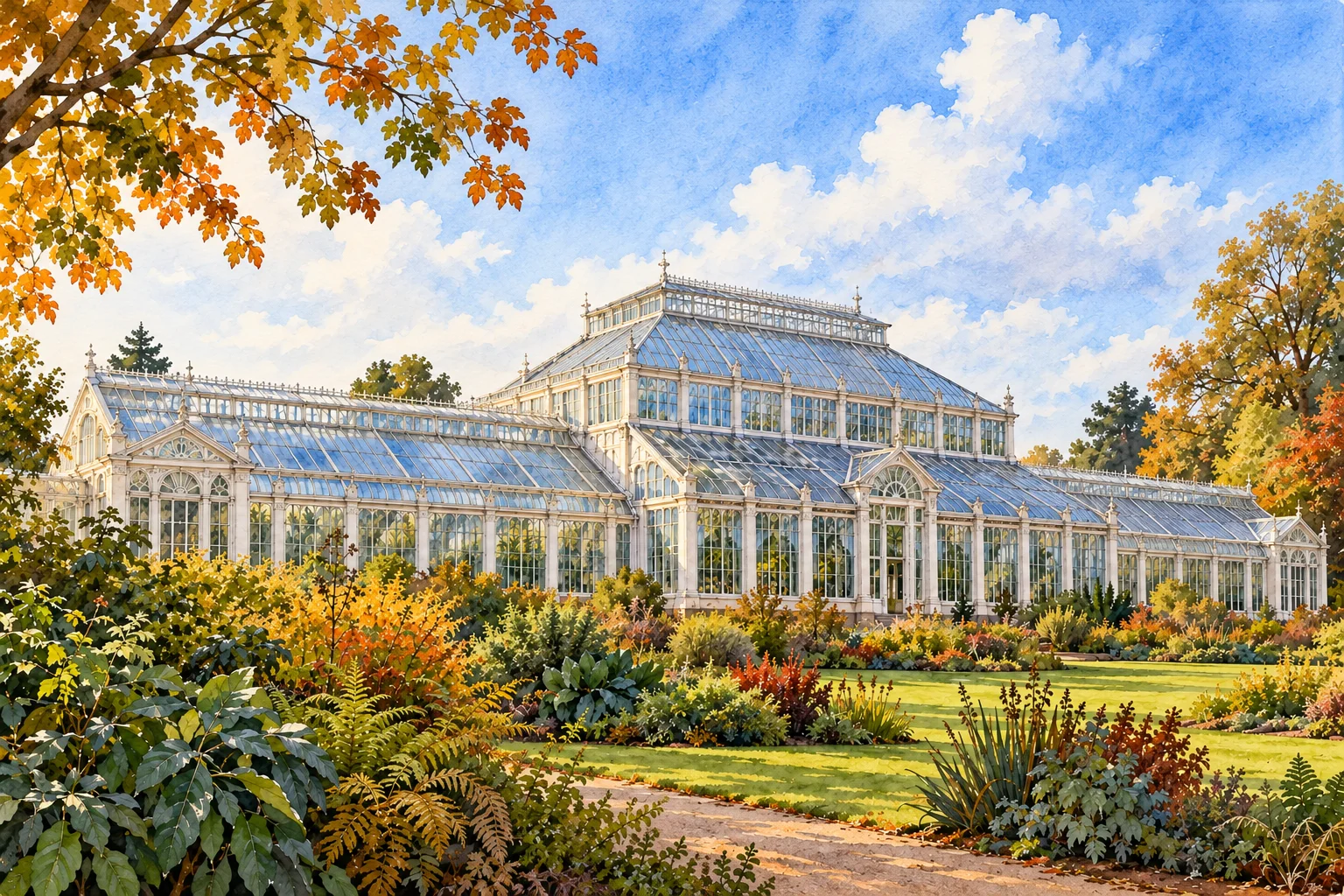Ilustração da arquitetura vitoriana da Temperate House nos Kew Gardens