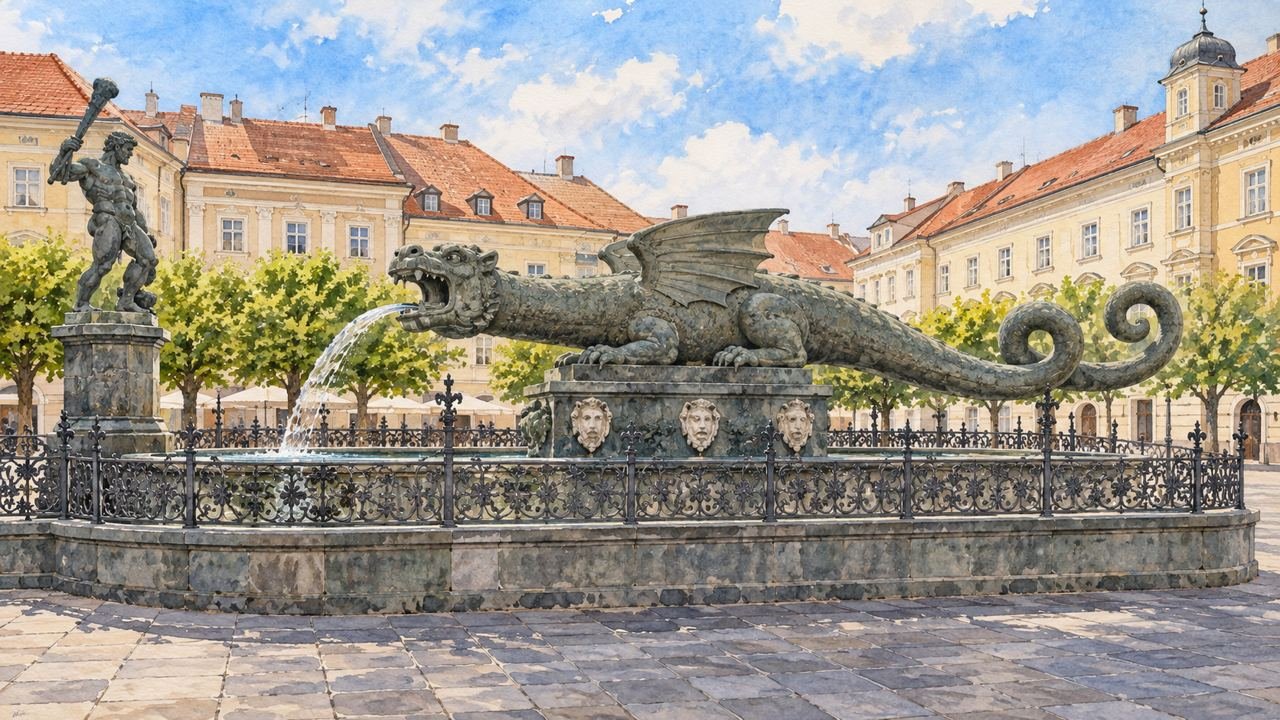Aquarela do Lindwurmbrunnen, com dragão de pedra, fonte e figura de Hércules na praça de Klagenfurt.