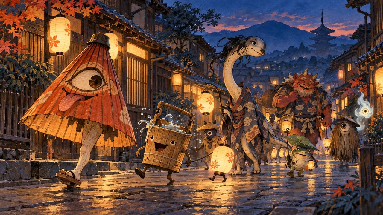 Ilustração de yōkai e objetos animados em uma rua inspirada na arquitetura tradicional de Kyoto ao anoitecer.