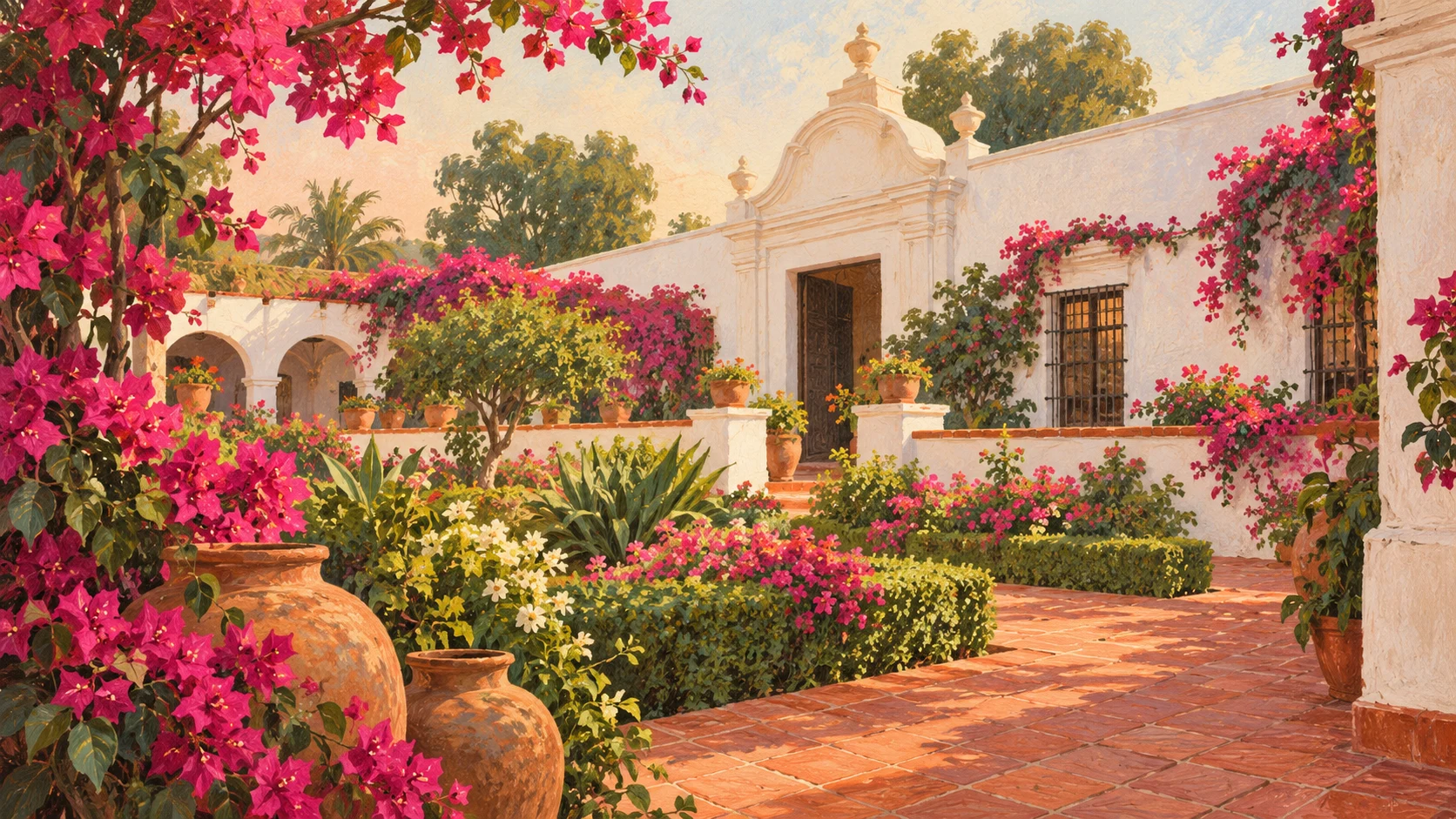 Ilustração de uma casa colonial e jardins floridos inspirada no ambiente do Museu Larco