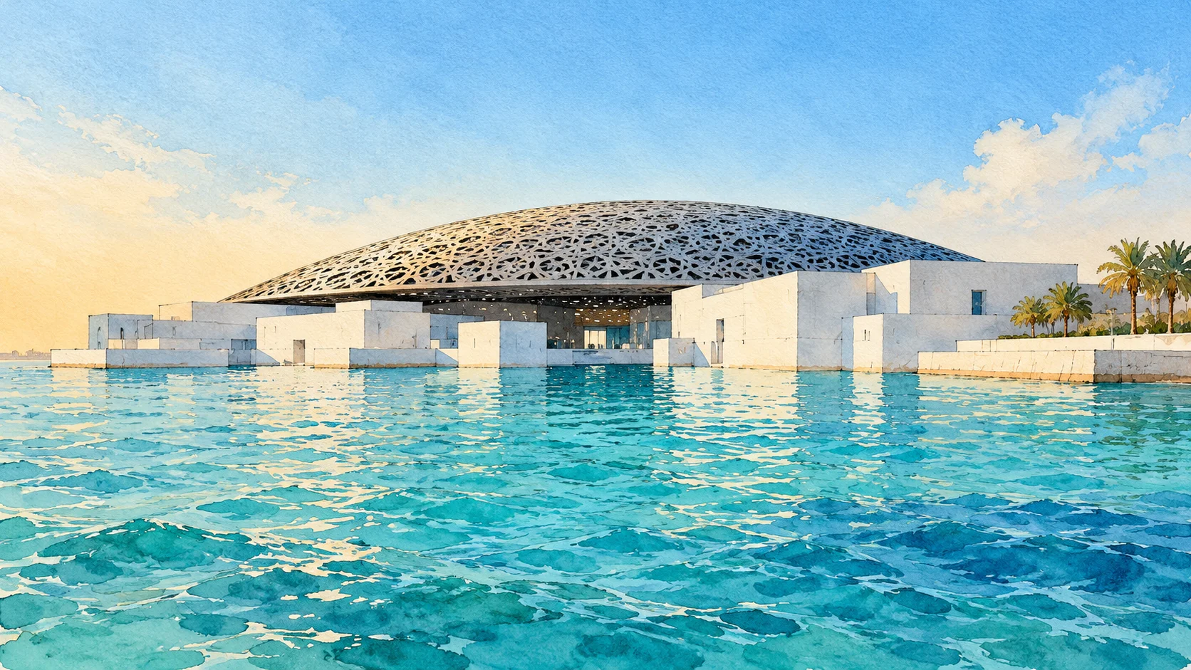 Ilustração do Louvre Abu Dhabi e sua cúpula prateada junto ao mar.