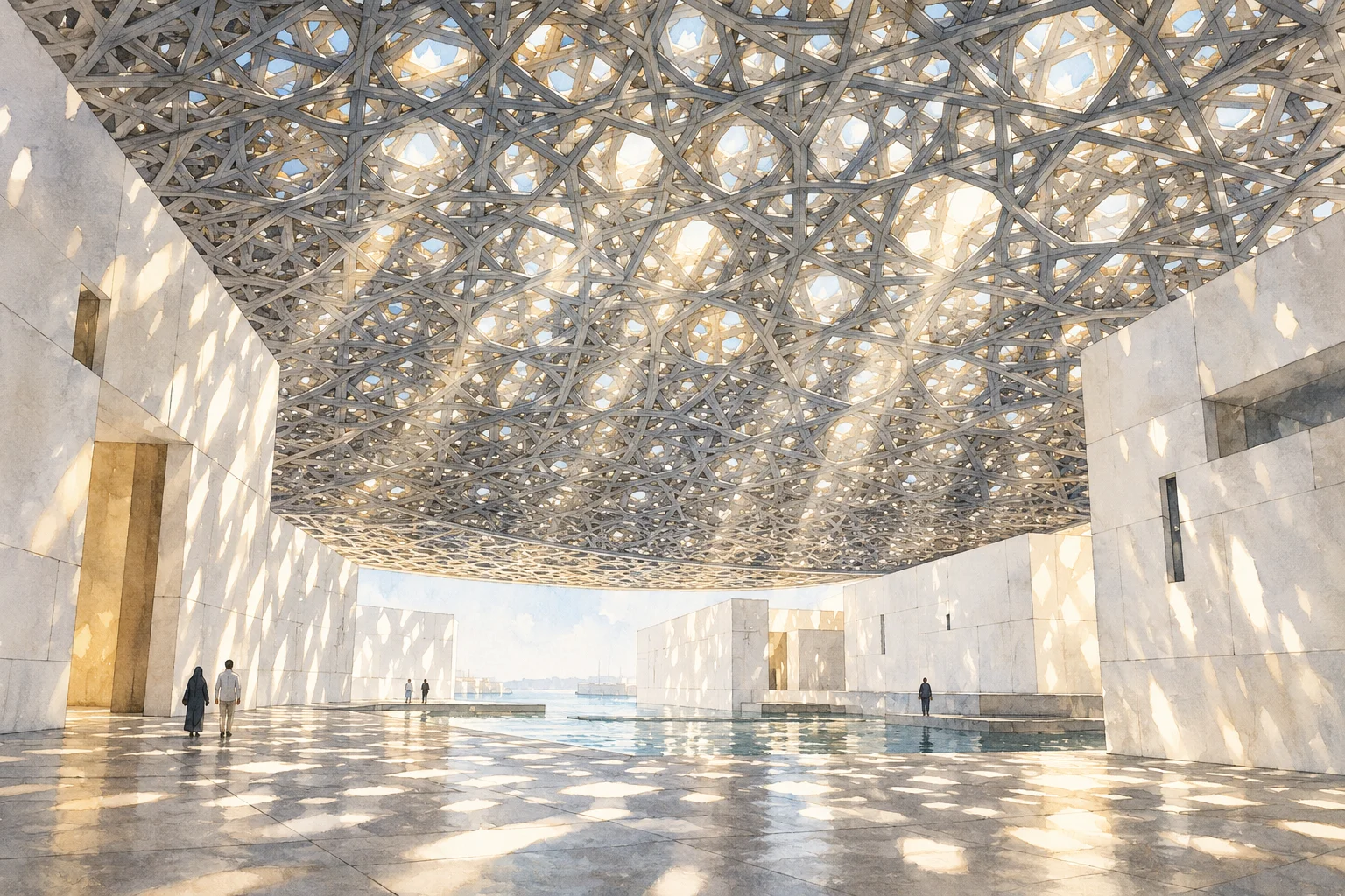Ilustração do padrão estrelado da cúpula do Louvre Abu Dhabi e da luz nas paredes.