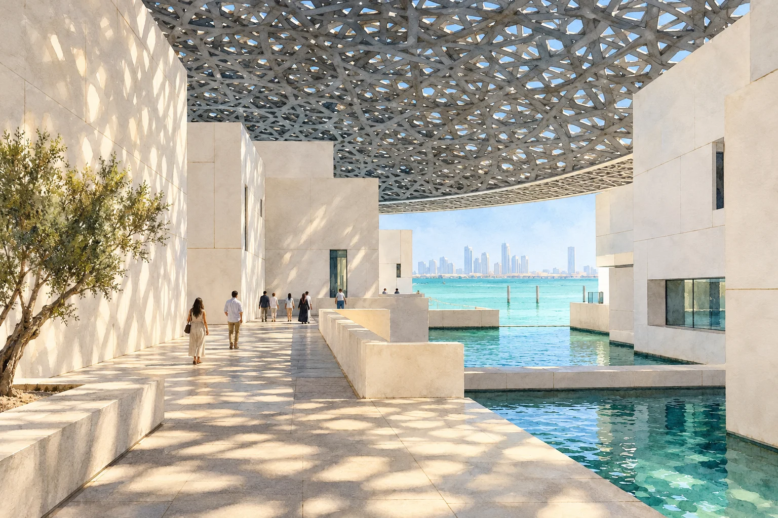 Ilustração das passagens externas entre edifícios brancos e água no Louvre Abu Dhabi.