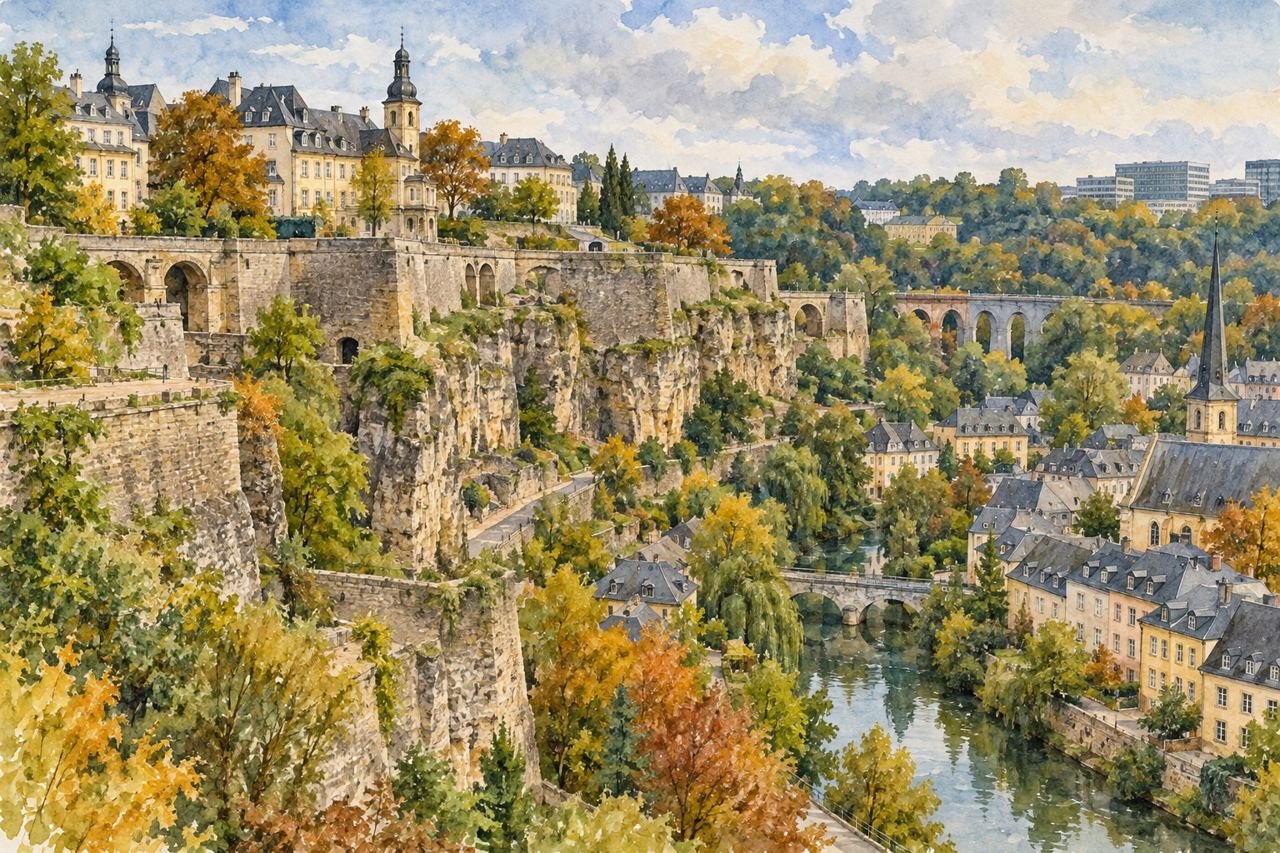 Ilustração de IA inspirada nas rochas e fortificações de Luxemburgo; composição interpretativa, não mapa ou fotografia documental.