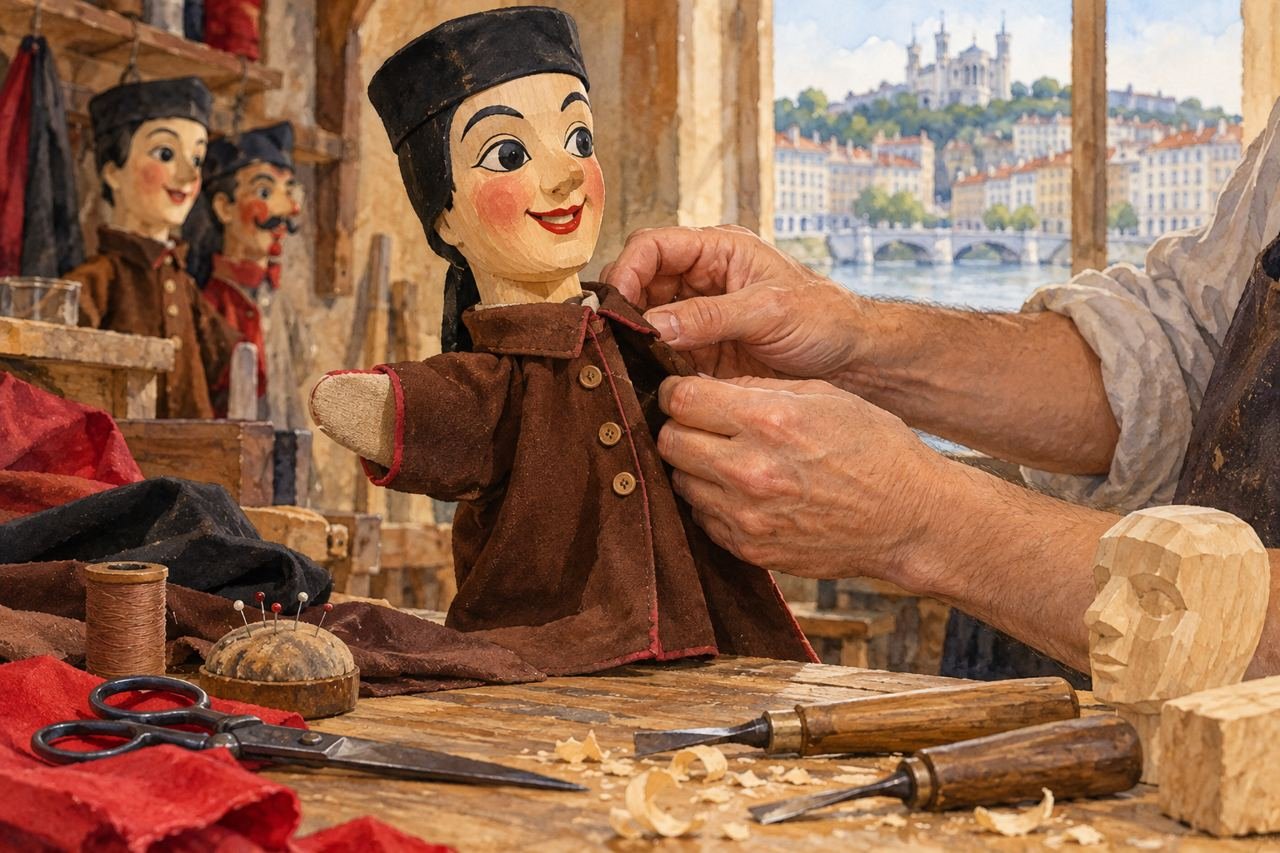 Ilustração de IA de oficina de marionetes; cena e artesão imaginários.