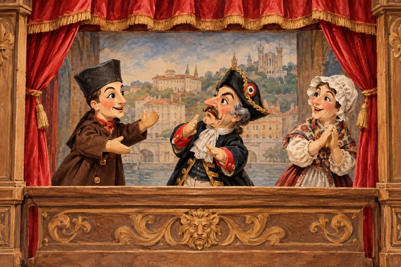 Ilustração de IA de teatro de marionetes; não reproduz uma montagem em cartaz.