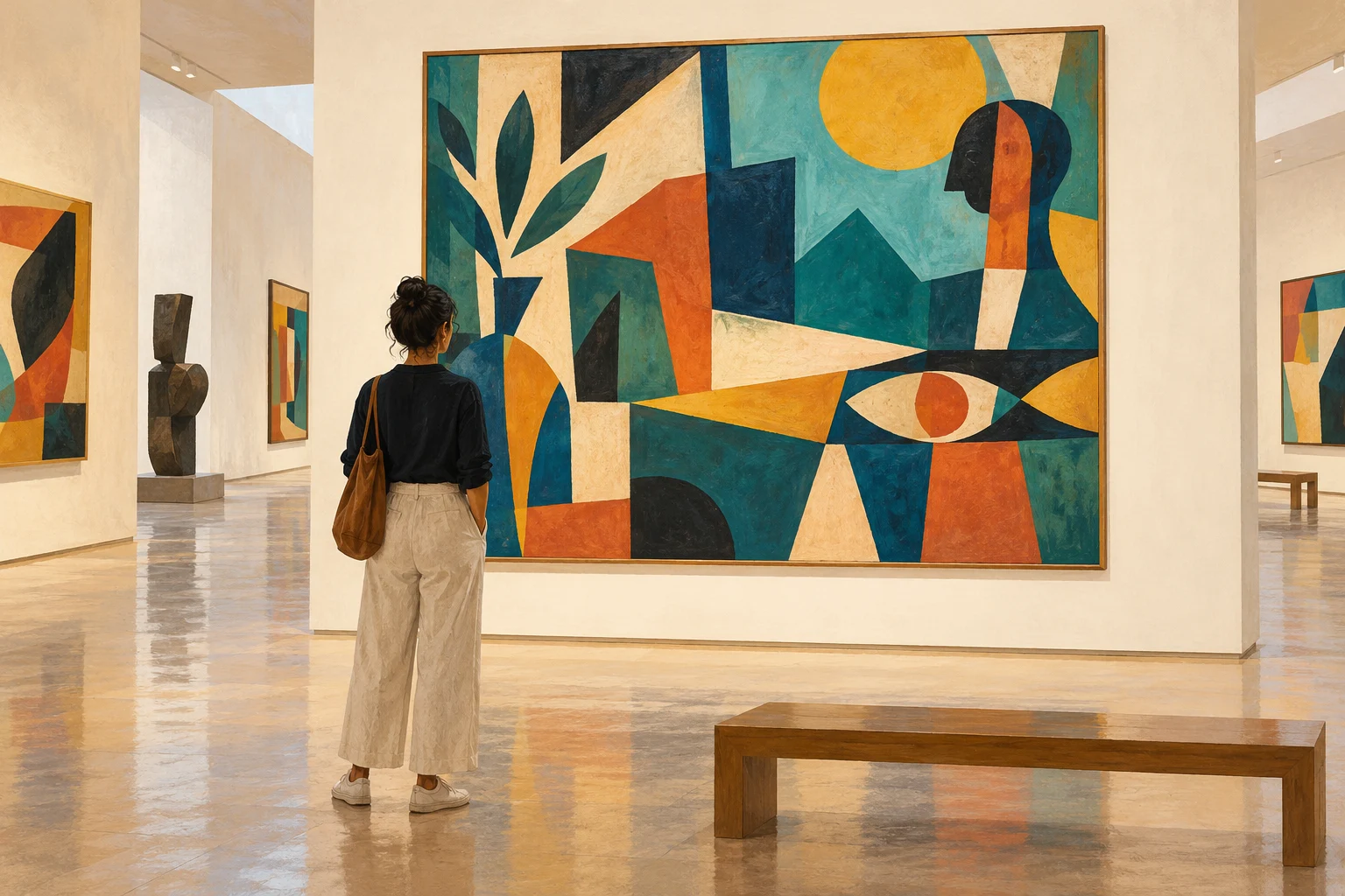 Ilustração de uma visitante observando uma obra abstrata inventada em galeria de arte