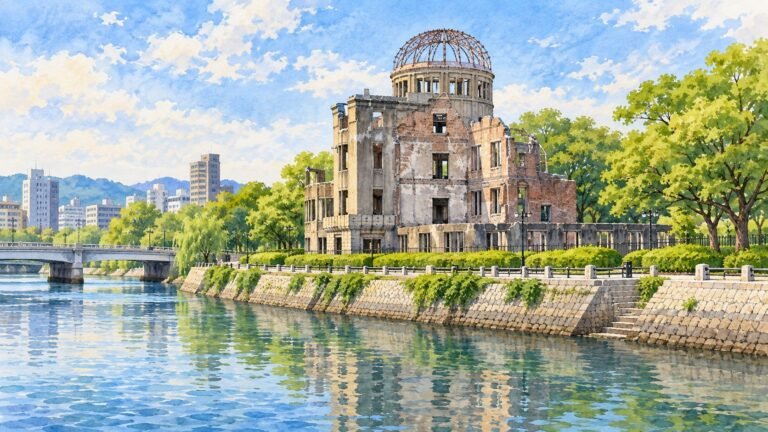 Ilustração atual do Genbaku Dome junto ao rio Motoyasu em Hiroshima
