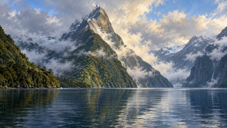 Ilustração de IA inspirada em Milford Sound e Mitre Peak