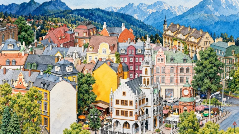 Ilustração de IA do centro de Knuffingen em miniatura, com prefeitura clara, casas coloridas e coluna de relógio