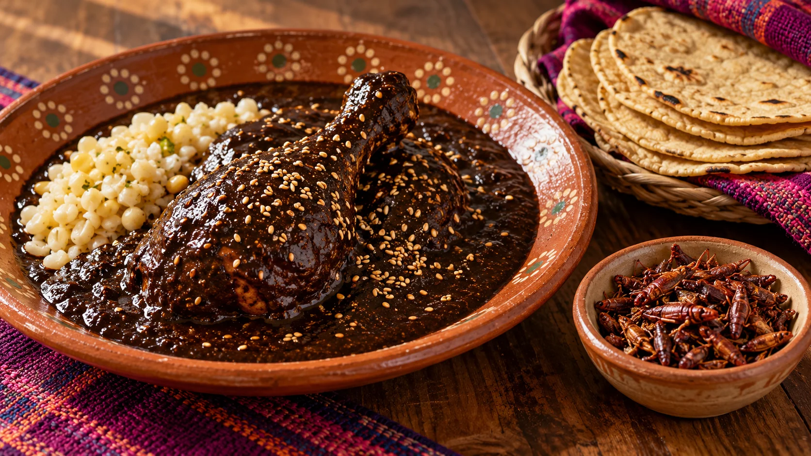 Ilustração de IA: Mole negro servido sobre carne, com tortillas e chapulines separados