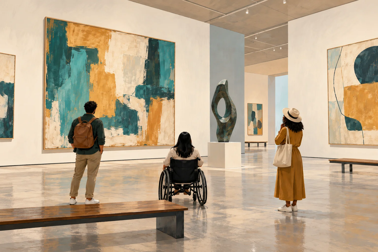 Ilustração de visitantes observando obras abstratas com espaço amplo de circulação