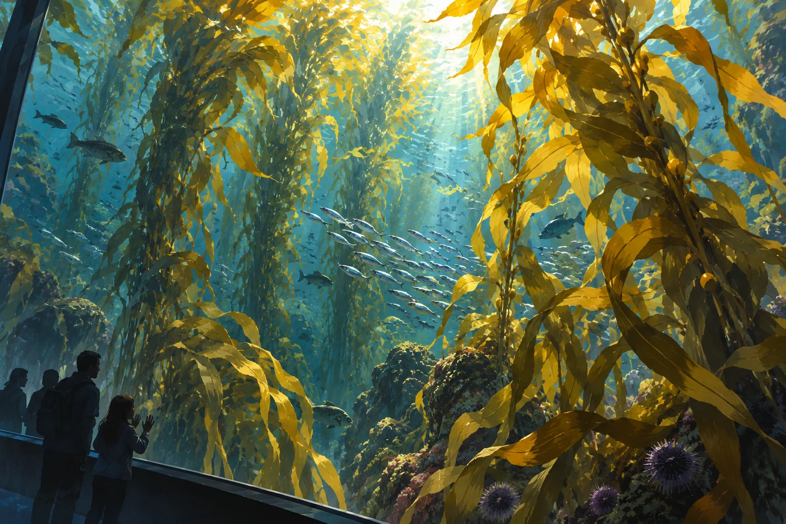 Ilustração conceitual de floresta submarina de kelp com cardume