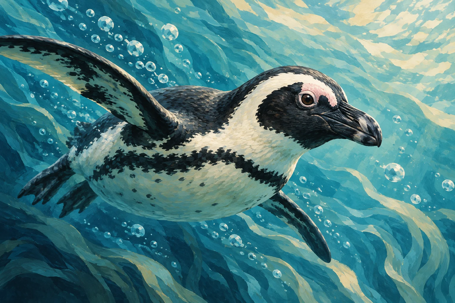 Ilustração conceitual de pinguim africano nadando em água azul