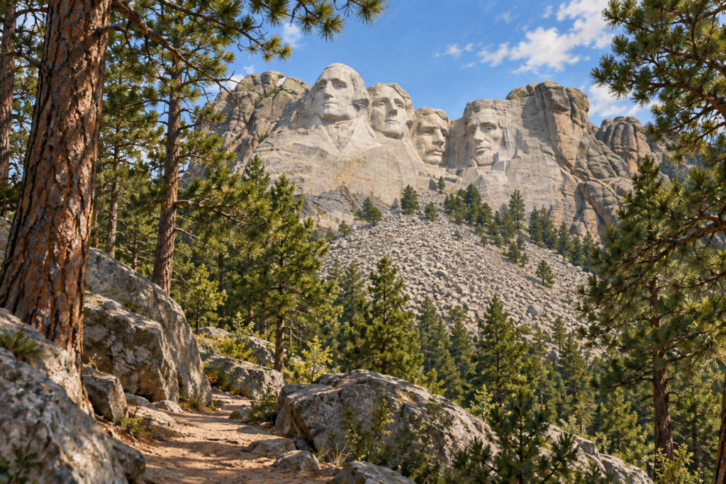 Mount Rushmore observado entre pinheiros da trilha — ilustração de IA