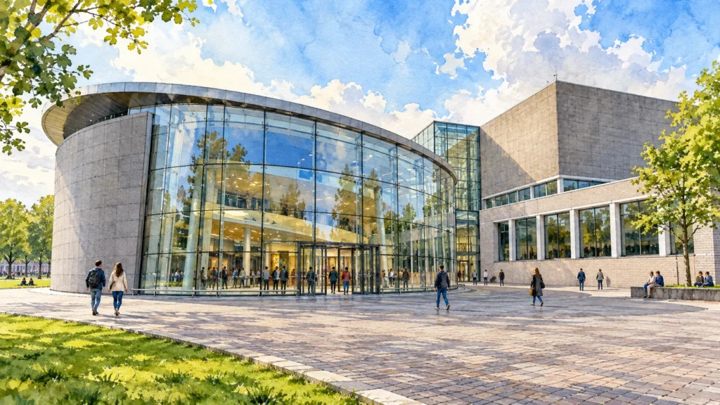 Ilustração por IA da entrada curva de vidro do Museu Van Gogh em Amsterdã