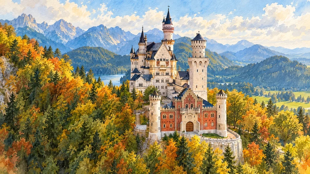 Ilustração do Castelo de Neuschwanstein sobre uma encosta arborizada na Baviera.