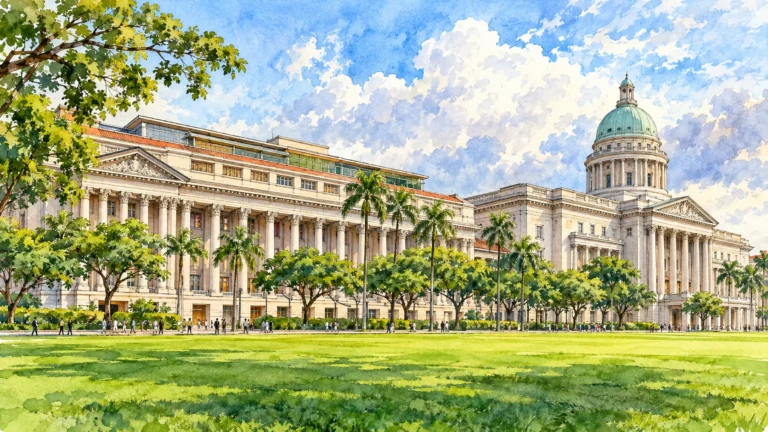 Ilustração inspirada nas fachadas históricas da National Gallery Singapore diante de área verde.