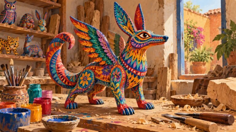 Ilustração editorial de alebrije de madeira multicolorido numa oficina de Oaxaca, criatura híbrida claramente artesanal, ferramentas e luz natural, sem alegar função espiritual universal