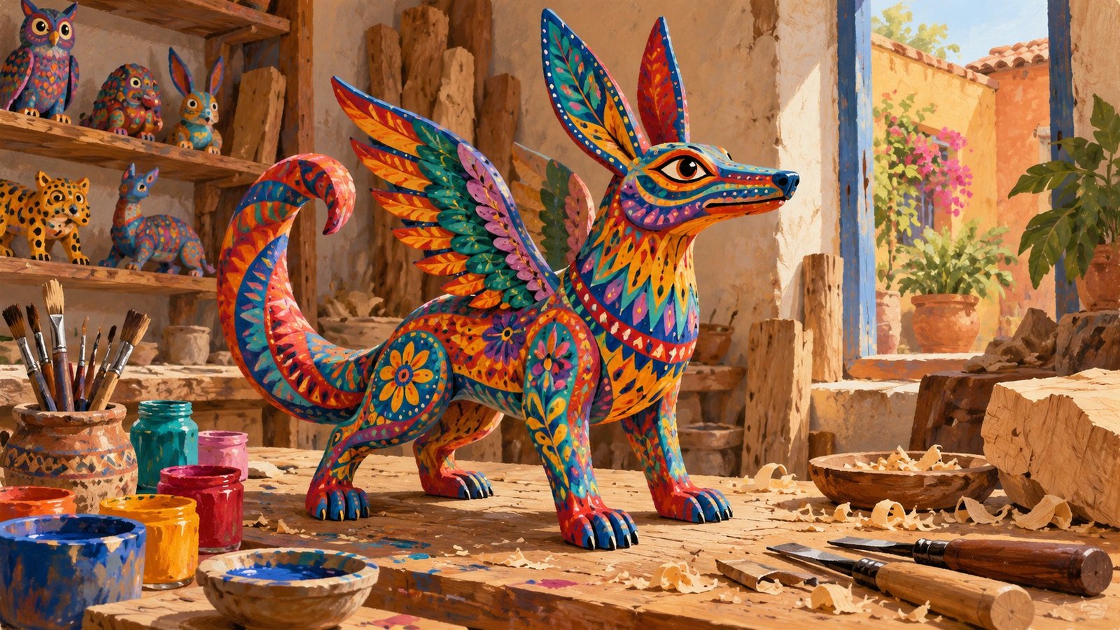 Ilustração editorial de alebrije de madeira multicolorido numa oficina de Oaxaca, criatura híbrida claramente artesanal, ferramentas e luz natural, sem alegar função espiritual universal