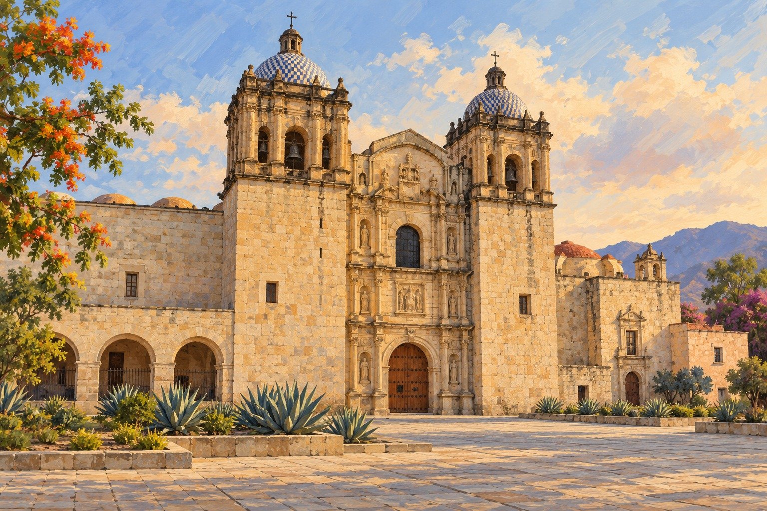 Vista editorial do conjunto de Santo Domingo em Oaxaca de Juárez, luz suave, sem anunciar exposição inexistente