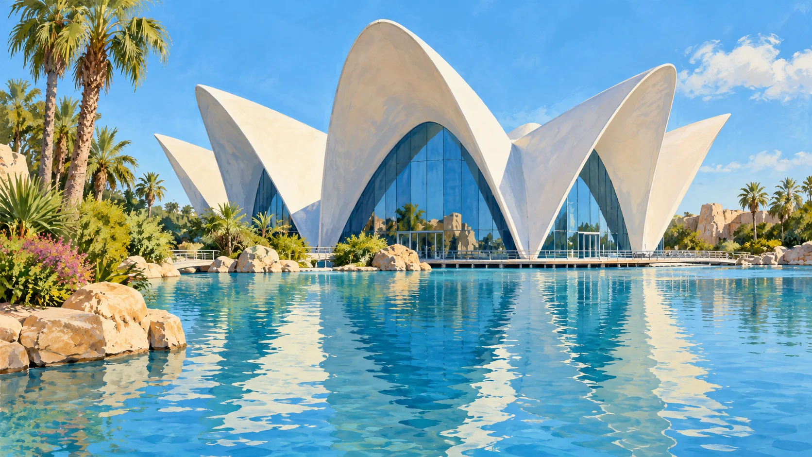 Ilustração do edifício de acesso do Oceanogràfic de Valência junto à água
