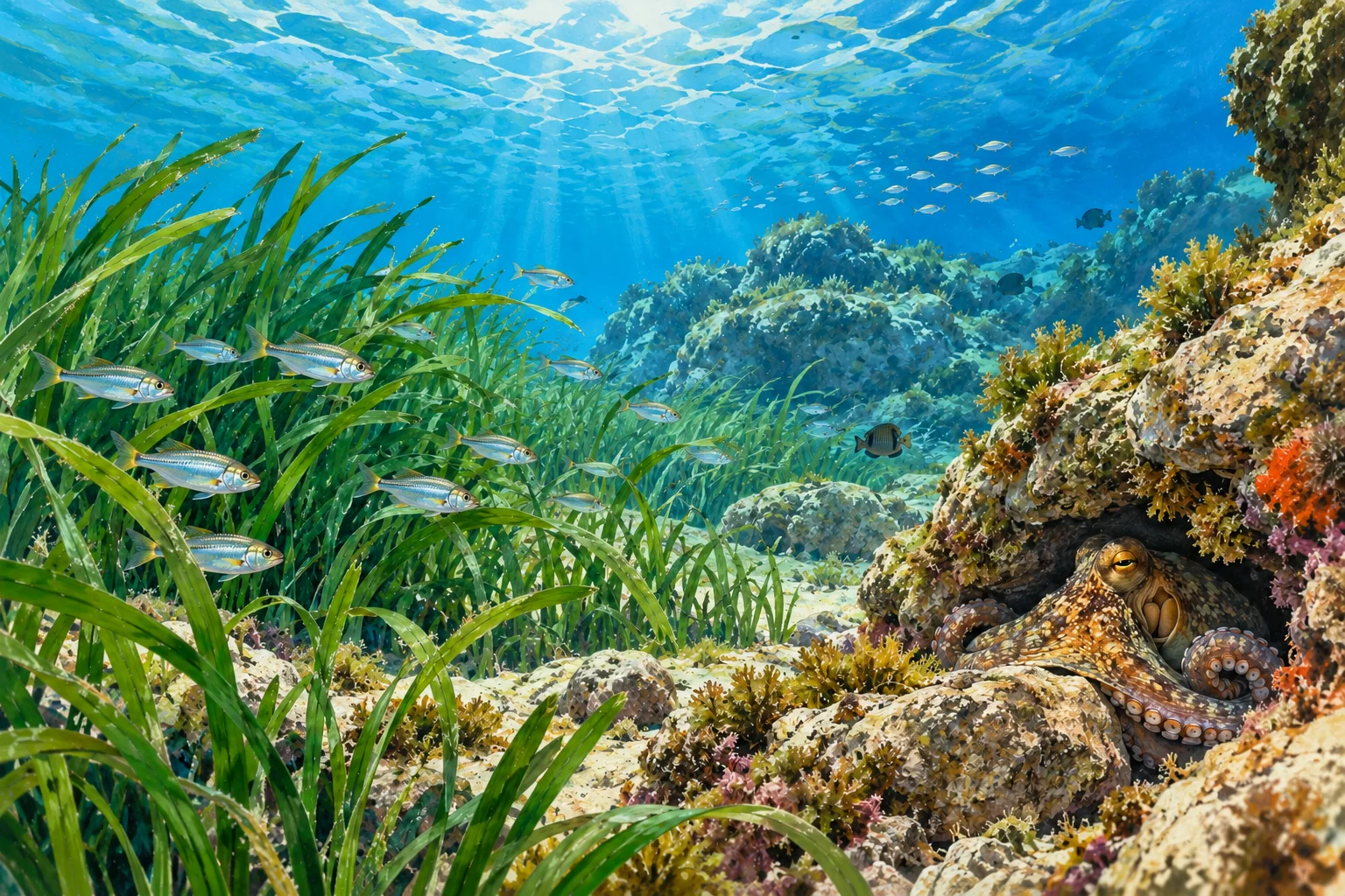 Ilustração de ecossistema mediterrâneo com posidônia e polvo