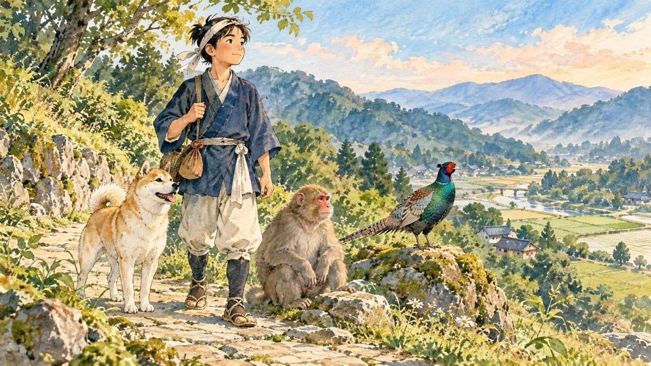 Momotarō viaja com um cão, um macaco e um faisão numa paisagem japonesa ilustrada.