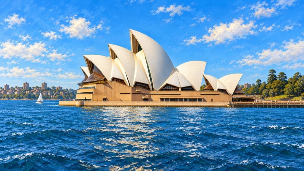 Ilustração de IA da Ópera de Sydney vista da baía em composição panorâmica