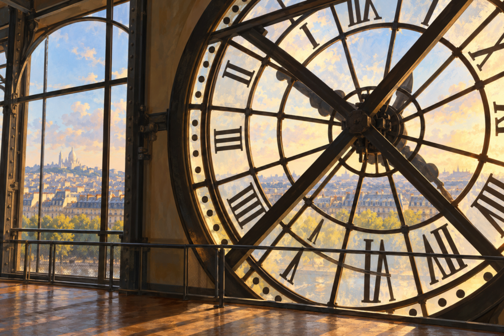 Ilustração do relógio do Museu d’Orsay e vista de Paris