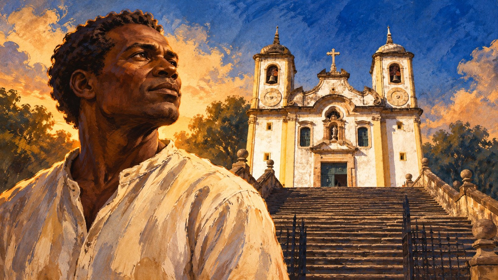 Ilustração conceitual da memória de Chico Rei em Ouro Preto