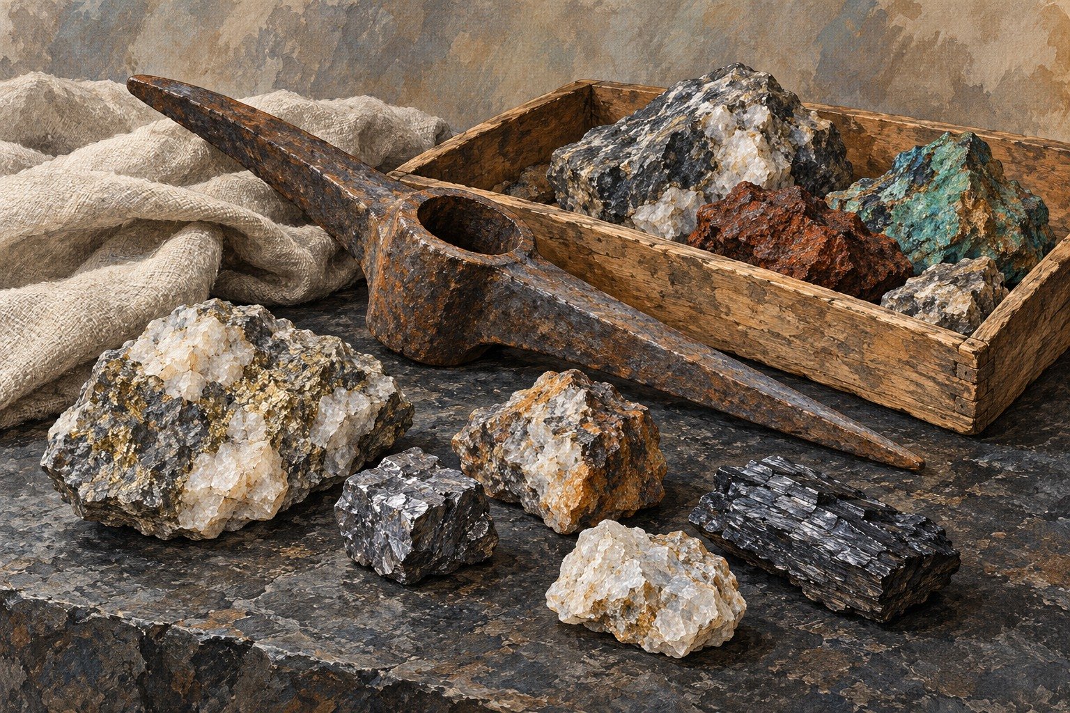 Ilustração conceitual de ferramentas e rochas em uma leitura da história da mineração
