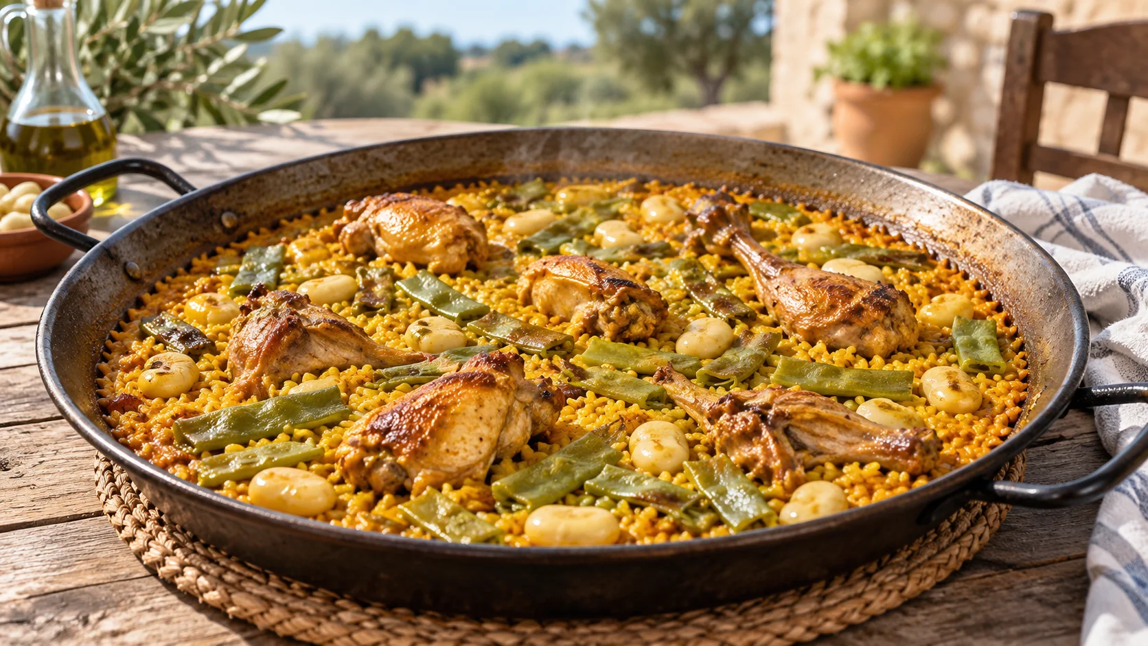 Ilustração de IA: Paella valenciana em panela rasa com arroz, carnes e verduras