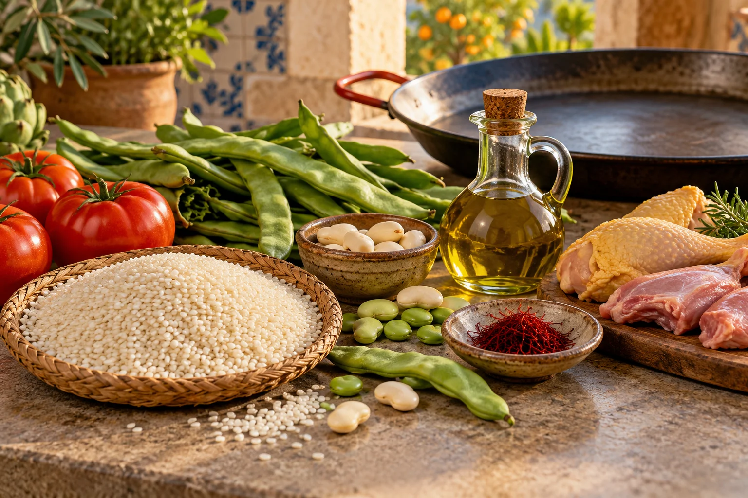 Ilustração de IA: Ingredientes ilustrativos da paella valenciana em composição de bancada
