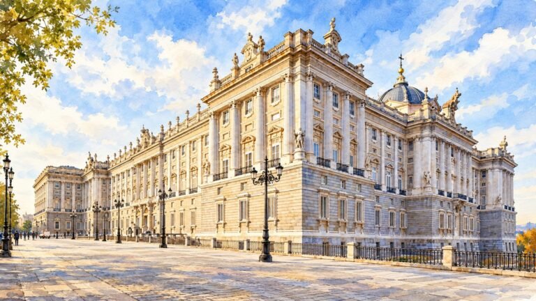 Exterior do Palácio Real de Madri. Ilustração original de IA.
