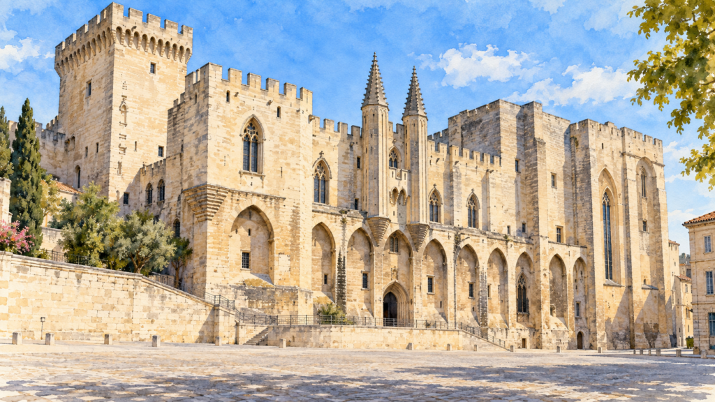 Ilustração da fachada do Palácio dos Papas em Avignon