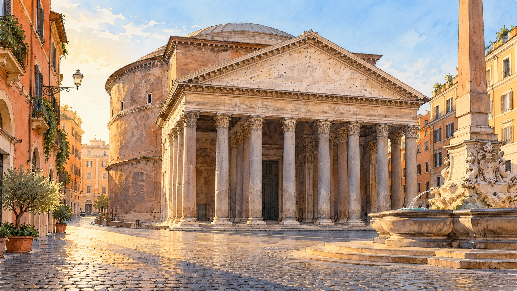 Ilustração em aquarela inspirada na fachada do Pantheon de Roma e na Piazza della Rotonda