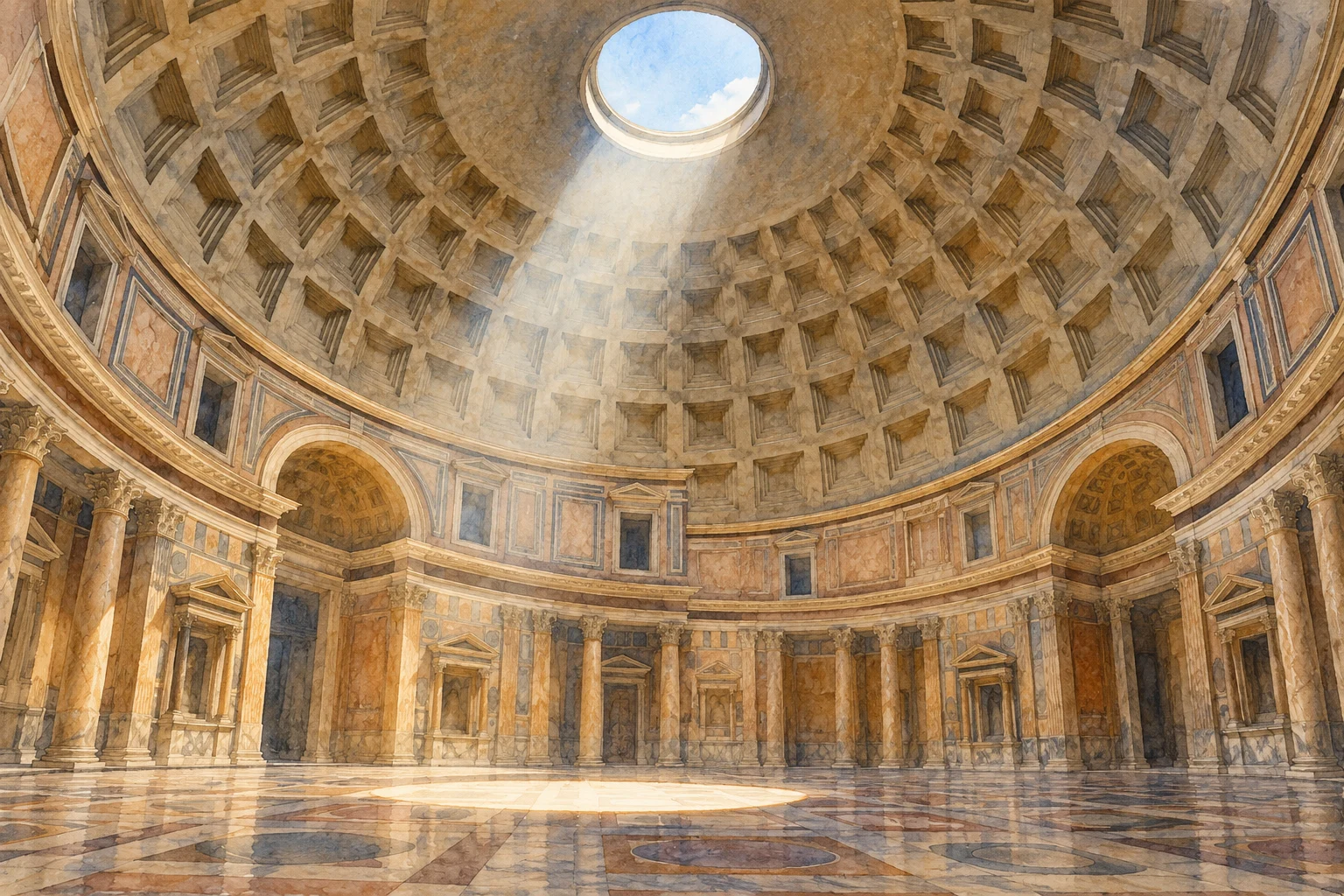 Ilustração gerada por IA da cúpula com óculo aberto inspirada no Pantheon de Roma